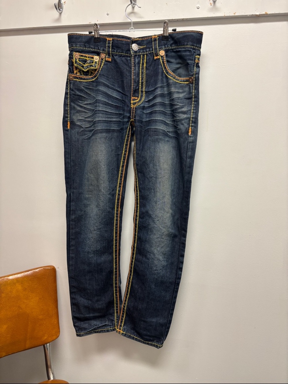 True Religion Slim Straight Dark Blue Jeans with Contrast Yellow Stitching